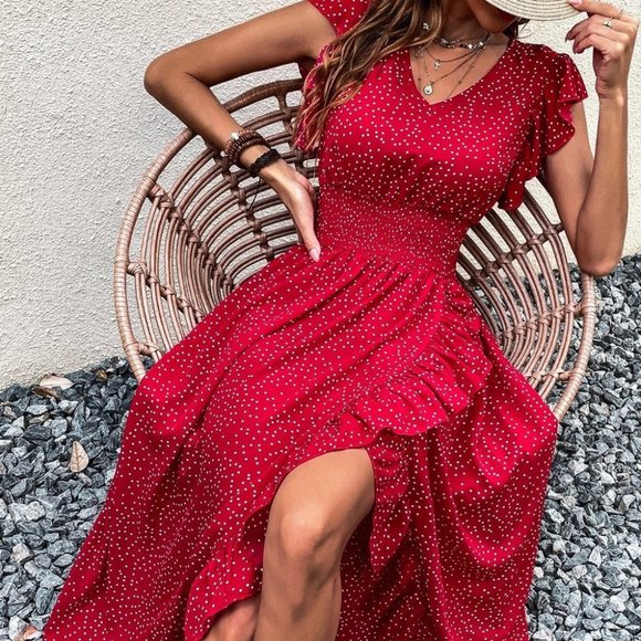 RED Boho Polka Dot Butterfly Sleeve Maxi Dress - Picture 3 of 6